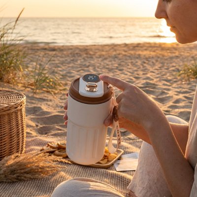 Mug isotherme marron affichage led femme plage