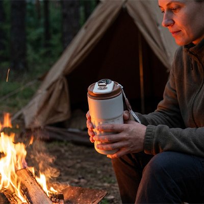 Mug isotherme marron dans mains femme caming soir
