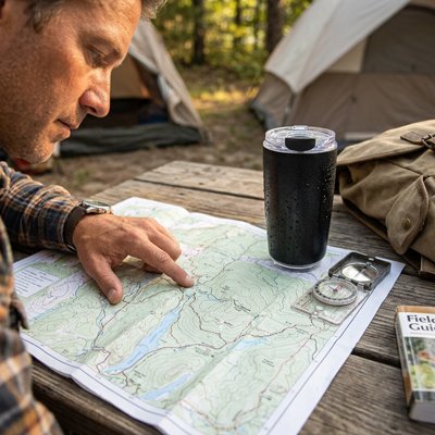 Mug isotherme noir sur table camping
