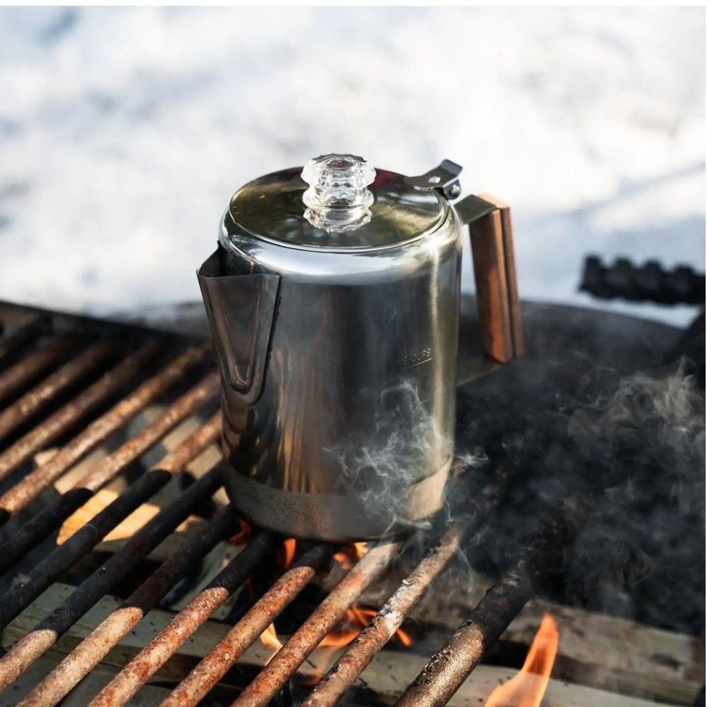 percolateur directement grille feu bois camping hiver
