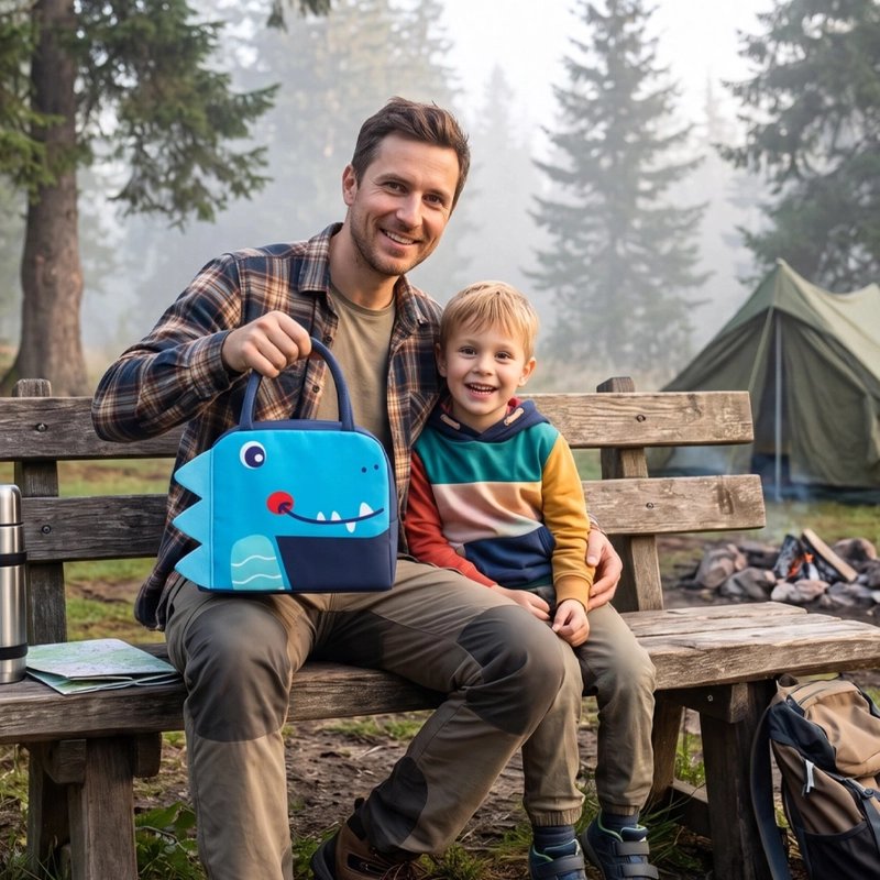 Père et garçon plein air montre sac isotherme bleu 