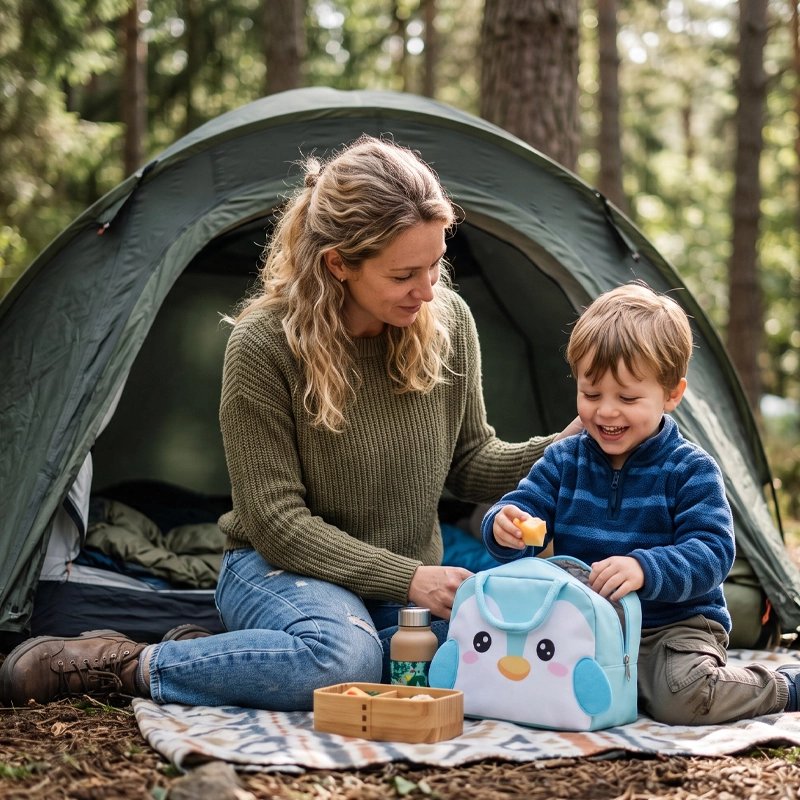 Petit campeur et maman avec sac isotherme bleu clair
