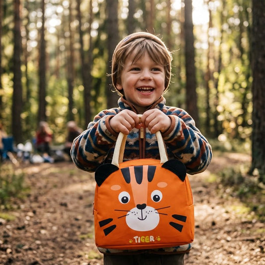Petit campeur tient fièrement sac isotherme tigre orange