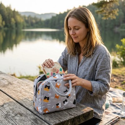 Pique-nique lac avec sac isotherme repas gris 