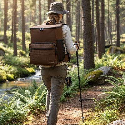 Randonneuse avec sac a dos isotherme café