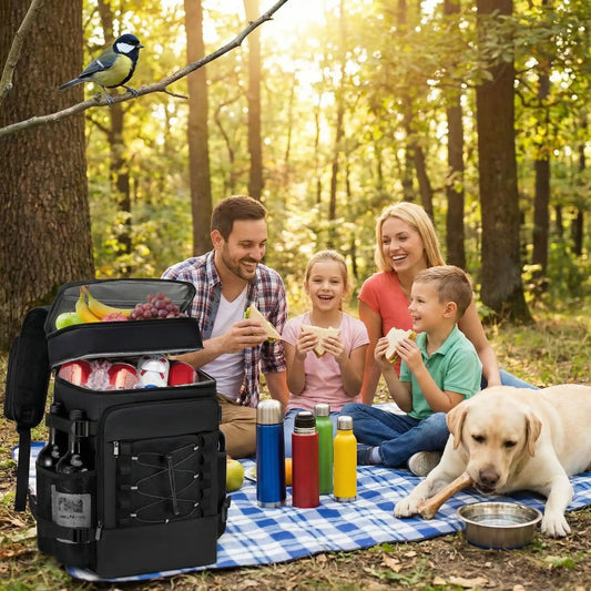 sac a dos isotherme homme avec famille pique-nique forêt