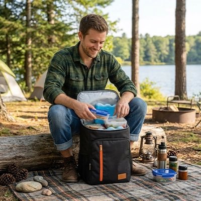 Sac à dos isotherme noir avec grande ouverture facilite vie camping