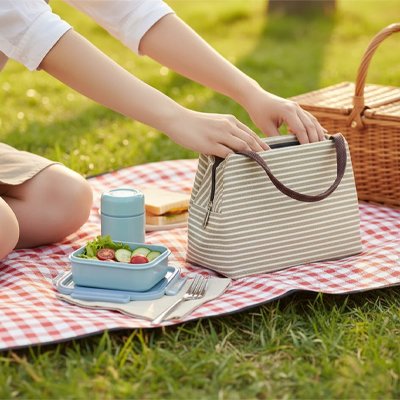 Sac isotherme beige sur nappe dehors