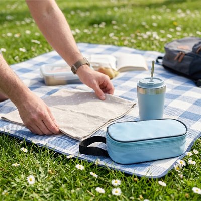 Sac isotherme bleu clair fermé sur nappe pique-nique 