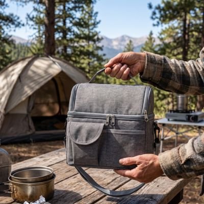 Sac isotherme gris dans les mains campeur 