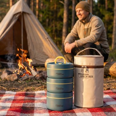Sac isotherme lunch box compartiments bleus en camping