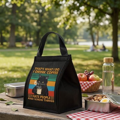 Sac isotherme noir motif chat sur nappe pique-nique