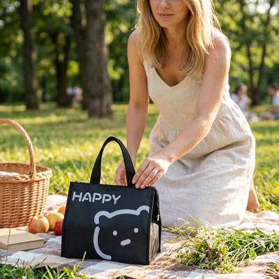 Sac isotherme noir sur nappe pique-nique