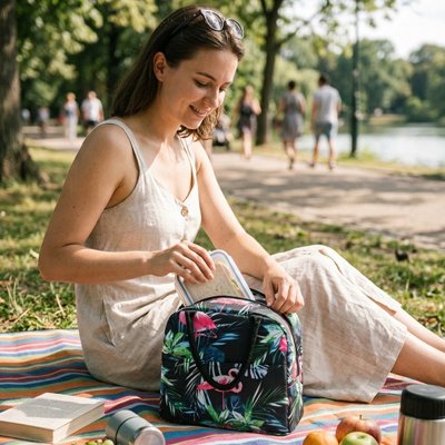 Sac isotherme repas noir avec motifs floraux pique-nique