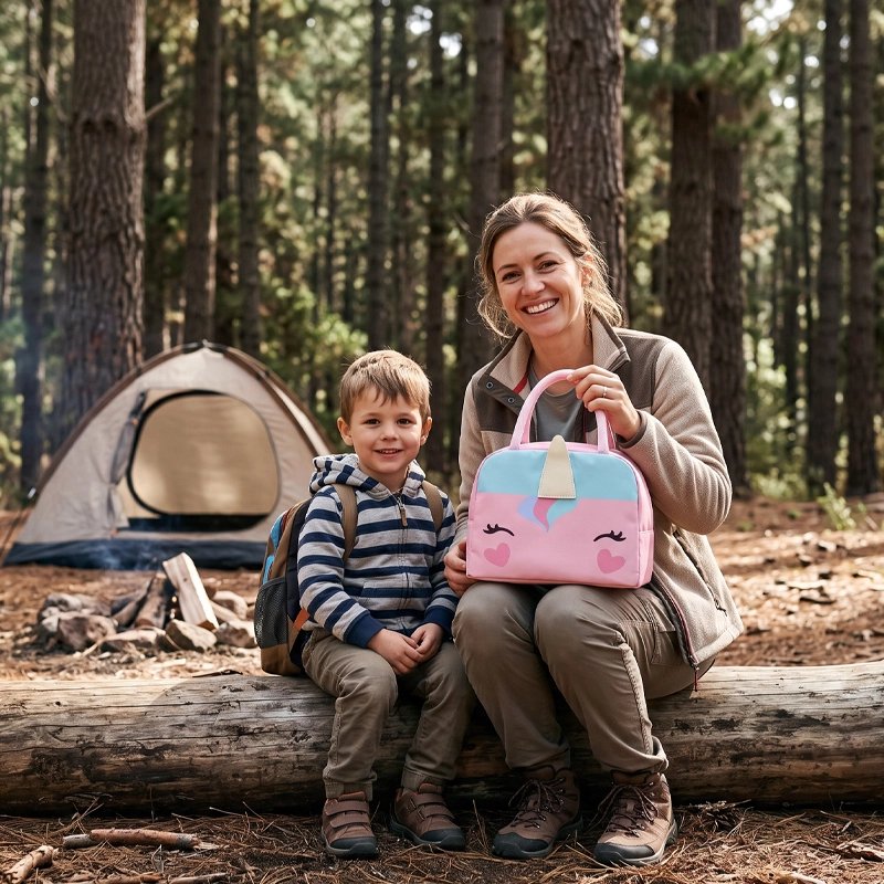 Sac isotherme rose avec maman et jeune garçon camping