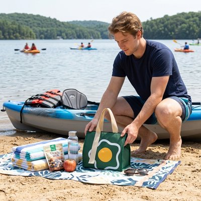 Sac isotherme vert sur serviette plage
