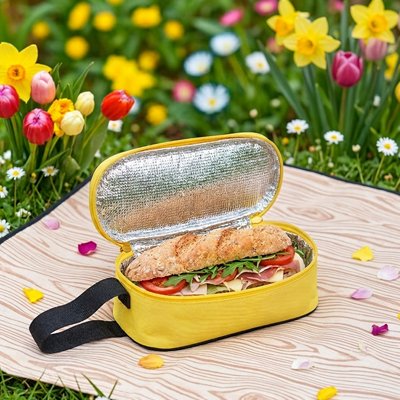 Sac repas isotherme jaune ouvert sur nappe pique-nique