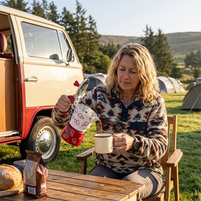 Vanlifer assise table camping verse café avec cafetiere italienne 