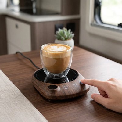Vanlifer dans camping car réchauffe café sur chauffe tasse